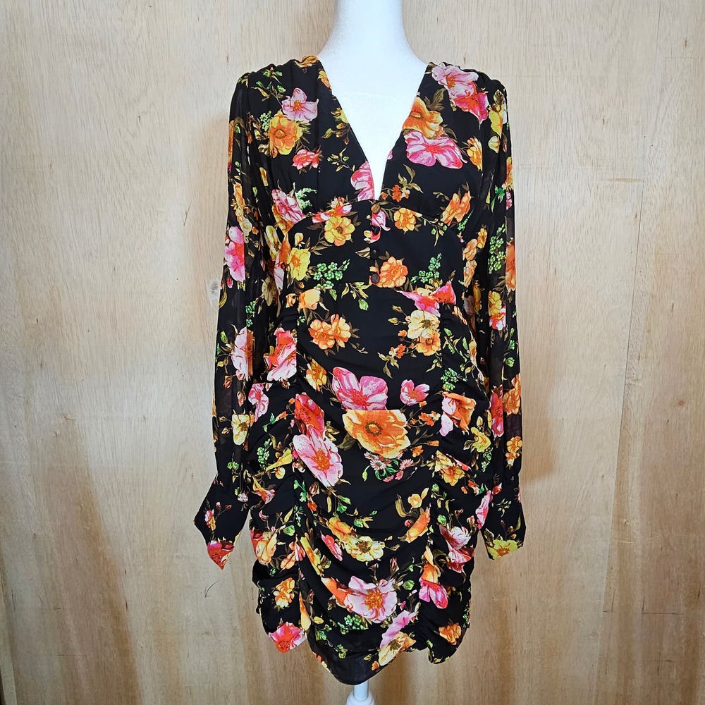 HYFYVE Black Floral V-Neck Ruched Mini Dress With Long Sheer Sleeves Size Medium